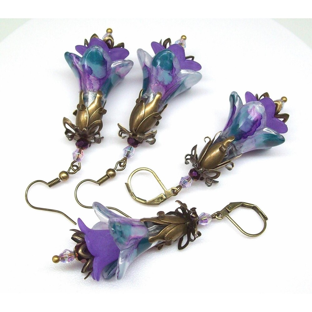 Floral Purple Earrings Vintage Style, Bronze, Hand Painted, Artisan Crafted Flow